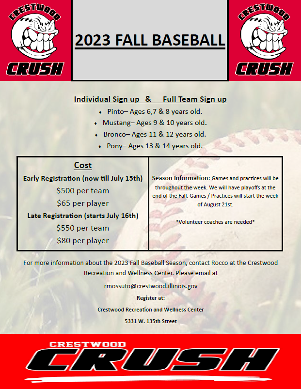 Crestwood Crush Baseball Fall Ball - Crestwood Recreation & Wellness Center